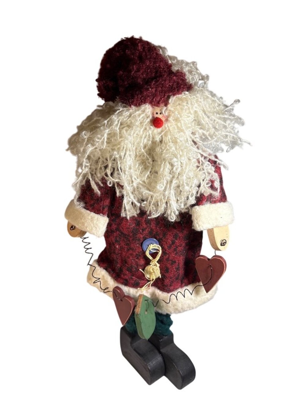 Wooden Standing Santa Claus Figurine 16" Tall Red White Outfit Hearts Button